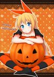  blonde_hair blue_eyes blush collarbone english frilled_sleeves frills hair_ribbon halloween happy_halloween highres jack-o'-lantern kirisaki_chitoge lace_border long_hair looking_at_viewer nagomiya_(shousha) nisekoi no_shoes orange_background pantyhose pumpkin ribbon short_sleeves sitting smile solo striped striped_legwear very_long_hair 