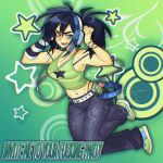 1girl alternate_costume arm_warmers armpit_peek bags_under_eyes belt black_hair black_pants blue_belt blue_eyes blue_hair bracelet breasts chromatic_aberration cleavage english_text frutiger_metro green_tank_top halftone headphones heterochromia highres invite_me_to_your_party_(utau) ipod jewelry large_breasts looking_at_viewer mp3_player multicolored_hair navel_piercing open_mouth pants piercing profanity red_eyes scene_fashion sharp_teeth shoes short_twintails signature single_arm_warmer smile star_(symbol) star_print stomach_piercing streaked_hair striped_arm_warmers tank_top teeth treebarkagain twintails utau white_belt yokune_ruko 
