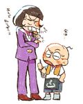  age_difference apron bald brown_hair buck_teeth chibita closed_eyes crossed_arms eating facial_hair food formal hand_on_hip height_difference high_heels iyami kuri_(shibimame) ladle male_focus multiple_boys mustache oden osomatsu-kun osomatsu-san purple_suit suit sweatdrop towel waist_apron 