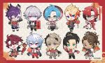  6+boys aqua_eyes axel_syrios banzoin_hakka bespectacled black_hair black_pants blonde_hair blue_eyes blue_hair border braid brown_hair calligraphy_brush calligraphy_scroll chibi chibi_only chinese_clothes commentary copyright_notice crimzon_ruze dark-skinned_male dark_skin doufang ear_piercing earrings eating english_commentary everyone fai_chun feather_hair_ornament feathers firecrackers fireworks food fruit gavis_bettel glasses goldbullet good_fortune_symbol green_eyes hair_ornament hand_fan heterochromia highres holding holding_calligraphy_brush holding_fan holding_fireworks holding_lantern holding_paintbrush holding_scroll holding_tray holding_umbrella holoarmis holostars holostars_english holotempus hongbao jewelry josuiji_shinri jurard_t_rexford kurogareki lantern long_hair machina_x_flayon male_focus medium_hair multicolored_hair multiple_boys multiple_braids octavio official_art orange_(fruit) orange_eyes paintbrush pants paper_lantern parasol piercing pink_eyes pink_hair ponytail purple_eyes purple_hair red_border red_eyes red_hair red_pants red_streaks regis_altare sample_watermark scroll sharp_teeth shippou_(pattern) short_hair shorts side_braid single_braid single_hair_streak sparkler streaked_hair tassel teeth tray tri_braids two-tone_hair umbrella virtual_youtuber watermark white_hair 