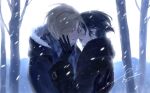  1boy 1girl ada_wong black_coat black_gloves black_hair blonde_hair coat couple dated forest fur-trimmed_coat fur_trim gloves hair_between_eyes hand_on_another's_cheek hand_on_another's_face hashtag-only_commentary hetero highres hood hood_down hooded_coat imminent_kiss leon_s._kennedy mofa_shuimu_jiang nature outdoors parted_bangs parted_lips resident_evil short_hair signature tree 