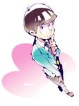  :3 bowl_cut brown_hair dossei dutch_angle finger_to_mouth formal from_above hand_on_thigh highres index_finger_raised male_focus matsuno_todomatsu necktie osomatsu-kun osomatsu-san pink_eyes simple_background smile solo suit white_background 
