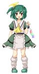  :d blush cravat dress full_body green_hair highres huyusilver kneehighs looking_at_viewer mrs._estacion open_mouth red_eyes short_hair side_ponytail smile socks solo tanabata_furin wind_chime 