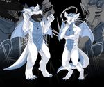  afon_jaeger anthro black_fur blue_eyes blue_scales canine claws costume digitigrade dragon fur horn male mammal nemesisilit scales scalie stitching white_scales wings wolf yellow_eyes 