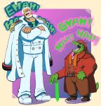  2boys blue_shirt cane claws crossover deltarune facial_hair gerson_boom green_necktie highres laughing monkey_d._garp monster_boy multiple_boys mustache necktie one_piece open_mouth orange_scarf pink_hair scarf shirt tail toastyart1 tongue turtle_boy turtle_shell utdr_(toby_fox) white_beard white_hair 