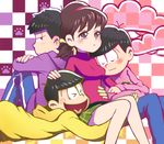  &gt;_&lt; 3boys :3 arm_around_waist back-to-back black_hair brothers brown_eyes brown_hair checkered checkered_background closed_eyes hairband heart heart_in_mouth hood hoodie hotou_(clovebat) low_twintails lowres lying male_harem matsuno_ichimatsu matsuno_juushimatsu matsuno_todomatsu multiple_boys on_stomach osomatsu-kun osomatsu-san pants petting short_twintails siblings single_vertical_stripe sitting skirt sleeping sleeping_on_person smile track_pants turtleneck twintails yowai_totoko 