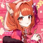  1girl :p animal_ear_fluff animal_ear_piercing braid closed_mouth ear_piercing egasumi floral_print hair_over_shoulder japanese_clothes kimono long_hair long_sleeves looking_at_viewer looking_to_the_side nijisanji ninahachi orange_eyes orange_hair piercing pink_background print_kimono ratna_petit ratna_petit_(new_year) red_kimono red_panda_ears smile solo tongue tongue_out virtual_youtuber watermark 