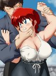  1girl blush braid breasts chin_grab cleavage closed_eyes covered_nipples curvy genderswap genderswap_(mtf) grabbing grabbing_from_behind grimace hetero highres huge_breasts japanese_clothes kunou_tatewaki mage_(harumagedon) no_bra pants ranma-chan ranma_1/2 red_hair saotome_ranma shirt shirt_grab shirt_slip single_braid sky sleeveless sleeveless_shirt smile struggling sweatdrop tile_roof wrist_grab 