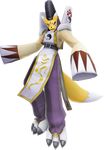  belt blue_eyes claws digimon digimon_world_-next_0rder- fox full_body game_model hat long_sleeves monster no_humans pants print_robe purple_pants robe sanskrit sleeves_past_wrists solo tabard tail taomon tate_eboshi transparent_background white_robe yin_yang 