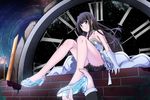  black_hair blue_eyes brick_wall brown_hair crack dress frills gloves high_heels highres idolmaster idolmaster_cinderella_girls legs lingerie long_hair no_socks roman_numerals shibuya_rin soles solo tawagoto_dukai_no_deshi thighs underwear 