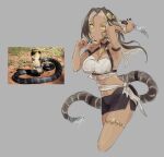 1girl :/ absurdres arm_up armpits black_hair black_skirt breasts cleavage closed_mouth cobra_(animal) colored_inner_hair commentary crop_top cropped_legs curtained_hair dagger dark-skinned_female dark_skin english_commentary expressionless hand_up highres hito_(maruhito) holding holding_dagger holding_knife holding_weapon knife looking_at_viewer medium_breasts miniskirt multicolored_hair navel original pencil_skirt personification photo_inset reference_inset side_slit skirt snake_girl snake_tail solo stomach tail tail_blade weapon white_hair yellow_eyes 