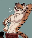 2025 abs anthro arm_tuft black_stripes blue_background bottomwear brown_body brown_fur clothing crotch_tuft digital_drawing_(artwork) digital_media_(artwork) elbow_tuft eyebrow_piercing facial_piercing felid fur hair hair_over_eye hand_behind_head head_tuft hi_res l4ng male mammal markings muscular muscular_anthro muscular_male neck_tuft nipples open_mouth orange_body orange_eyes orange_fur pantherine pants pattern_bottomwear pattern_clothing pattern_pants pecs piercing plaid plaid_bottomwear plaid_clothing plaid_pants portrait red_bottomwear red_clothing red_pants sharp_teeth shirt shirtless_anthro shirtless_male simple_background solo standing stretching striped_body striped_fur striped_markings striped_tail stripes tail tail_markings teeth three-quarter_portrait tiger topwear tuft underwear white_body white_fur