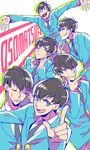 :3 brothers brown_eyes closed_eyes copyright_name formal hand_on_hip hand_on_own_face heart heart_in_mouth male_focus matsuno_choromatsu matsuno_ichimatsu matsuno_juushimatsu matsuno_karamatsu matsuno_osomatsu matsuno_todomatsu multiple_boys osomatsu-kun osomatsu-san outstretched_arms pointing sextuplets shibuya_arata siblings simple_background smile suit surgical_mask sweatdrop upper_body white_background 