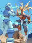 2boys absurdres aiming arm_cannon armor black_eyes blonde_hair commentary_request desert energy_sword forehead_jewel helmet highres holding holding_sword holding_weapon long_hair male_focus mega_man_(series) mega_man_zero_(series) midair multiple_boys omochi_(mochi_skymega) pantheon_(mega_man) red_armor red_helmet slashing standing sword weapon zero(z)_(mega_man) zero_(mega_man) 