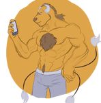  2015 abs anthro biceps cellphone chest_tuft clothed clothing fur hair half-dressed horn kingdomheartskeeper kingdomxathers male mammal multiple_tails muscular muscular_male nintendo pants pecs phone pok&eacute;mon ponytail pubes simple_background solo tauros topless tuft video_games 
