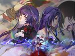  4girls absurdres acheron_(honkai:_star_rail) acheron_(izumo)_(honkai:_star_rail) alternate_costume alternate_universe angry animal arm_up artist_name bare_shoulders blood blood_splatter blunt_bangs braid breasts chinese_commentary cleavage closed_mouth commentary_request couple crying crying_with_eyes_open electricity expressionless from_side full_body genshin_impact gloves glowing grabbing_another's_arm hair_intakes hair_ornament hair_over_one_eye head_tilt highres holding holding_sword holding_weapon honkai:_star_rail honkai_(series) honkai_impact_3rd in-franchise_crossover japanese_clothes katana kiana_kaslana kimono kneeling lofter_username long_braid long_sleeves looking_at_viewer looking_down looking_to_the_side mihoyo mini_person multicolored_eyes multiple_girls orobashi_(genshin_impact) outdoors purple_eyes purple_hair purple_kimono purple_thighhighs quantummechanics39528 raiden_mei raiden_shogun rainbow red_sash sad sash sawashiro_miyuki shade shaded_face single_braid sky snake spoilers suit sword tears thighhighs upper_body voice_actor_connection water weapon white_kimono wide_sleeves yuri 