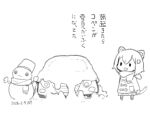  1girl animal_ears capriccio car cat_ears cat_girl cat_tail chibi coat commentary_request dated greyscale hair_between_eyes hair_ornament hairclip monochrome motor_vehicle original pantyhose pleated_skirt scarf shoes skirt snow snowman solo tail translation_request vehicle_request white_background |_| 