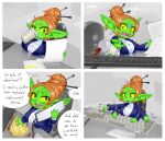 2025 4_panel_comic accident beverage big_breasts breasts coffee comic computer_keyboard dialogue ear_piercing ear_ring electronics english_text female goblin greeting hair hair_bun hi_res humanoid humanoid_pointy_ears mario-grant ms._nasbh'ke_(mario-grant) office phone piercing pointy_ears ring_piercing shortstack shortstack_female solo text typing