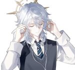  1boy arms_up blue_necktie closed_eyes collared_shirt diagonal-striped_clothes diagonal-striped_necktie grey_sweater_vest hair_between_eyes halo halo_behind_head hashtag-only_commentary head_wings headphones honkai:_star_rail honkai_(series) long_sleeves male_focus medium_hair necktie parted_bangs parted_hair shirt simple_background sleeve_cuffs solo spiked_halo striped_clothes striped_necktie sunday_(brilliant_youth)_(honkai:_star_rail) sunday_(honkai:_star_rail) sweater_vest upper_body white_background white_hair white_shirt white_wings wing_collar wings yigenzhen26389 