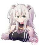  1girl ahoge animal_ear_piercing animal_ears aqua_eyes breasts commentary cropped_torso expressionless grey_hair haihara_yuuya highres hololive large_breasts lion_ears lion_girl see-through_cleavage see-through_clothes shishiro_botan sleeveless solo virtual_youtuber watermark 