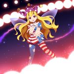  aiming_at_viewer american_flag_dress american_flag_legwear aura blonde_hair charging clownpiece danmaku fairy_wings floating foreshortening hat jester_cap light long_hair looking_at_viewer materializing pantyhose purple_eyes short_sleeves solo space stance touhou ts1016 very_long_hair wings 