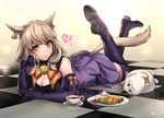  animal animal_ears aruma_jiki blush boots breasts brown_hair bunny cake candy cat cleavage collar cookie cup earrings elbow_gloves fat_cat_(ff14) final_fantasy final_fantasy_xiv food gloves heart jewelry long_hair looking_at_viewer lying medium_breasts miqo'te on_stomach orange_eyes plate purple_footwear purple_legwear saucer skirt smile solo tail tea teacup thigh_boots thighhighs 