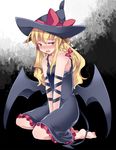  arm_ribbon bad_id bad_pixiv_id bare_shoulders barefoot black_dress blonde_hair blush bow braid demon_girl demon_tail demon_wings dress halloween halloween_costume hammer_(sunset_beach) hat hat_bow kirisame_marisa long_hair looking_at_viewer open_mouth ribbon seiza single_braid sitting sleeveless sleeveless_dress solo succubus tail touhou v_arms wings witch_hat yellow_eyes 