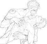  2boys adam's_apple arm_tattoo closed_mouth commentary_request completely_nude facial_tattoo fingernails forehead_tattoo greyscale hands_on_another's_chest itadori_yuuji jujutsu_kaisen kan_(forest_kan) looking_at_another male_focus monochrome multiple_boys muscular muscular_male navel nude parted_lips ryoumen_sukuna_(jujutsu_kaisen) sharp_fingernails short_hair simple_background suggestive_fluid tattoo teeth undercut white_background yaoi 