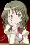  1girl black_background blush bow closed_mouth commentary_request dress dress_bow expressionless gradient_background green_eyes green_hair hand_on_own_chin hand_on_own_wrist head_rest high_collar knives_(knives777) long_sleeves looking_at_viewer mahou_shoujo_madoka_magica medium_hair mitakihara_school_uniform red_background red_bow school_uniform shizuki_hitomi solo upper_body yellow_dress 