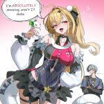  1boy 1girl absurdres ahoge bare_shoulders black_shirt blonde_hair blue_jacket blush breasts cissia_(zenless_zone_zero) crossed_bangs detached_sleeves earclip english_text fangs grey_hair hair_between_eyes heart hetero highres jacket long_hair medium_breasts metal_wrist_cuffs multiple_hair_clips nervous_sweating open_mouth police_badge shirt shock_collar signature snake snake_girl snake_tail speech_bubble sweat sweatdrop tail tongue tongue_out white_kojinak white_snake wise_(zenless_zone_zero) zenless_zone_zero 