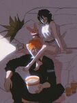  1boy 1girl balcony barefoot bed black_pants black_shirt bleach blue_eyes blush breasts bubble_tea chappy commentary cup disposable_cup english_commentary food hair_up head_between_legs highres jewelry kuchiki_rukia kurosaki_ichigo necklace open_mouth orange_eyes orange_hair pants pillow plant popcorn projector shirt short_shorts shorts silegesi small_breasts smile sweatdrop tank_top white_shorts white_tank_top 