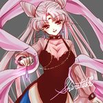  artist_name bishoujo_senshi_sailor_moon black_lady breasts chibi_usa cleavage collar crescent crystal crystal_earrings double_bun dress earrings facial_mark forehead_mark jewelry large_breasts long_hair lowres pendant pink_dress pink_hair scarf shirataki_kaiseki signature solo twintails very_long_hair 
