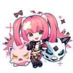  1girl :d bandaid bandaid_hair_ornament black_eyes black_hair black_skirt chibi chibi_only coral_(pokemon) eyelashes fang full_body glalie hair_ornament hashtag-only_commentary highres holding holding_poke_ball long_sleeves looking_at_viewer miao69401820 midriff multicolored_hair open_mouth pink_hair poke_ball poke_ball_(basic) pokemon pokemon_(anime) pokemon_(creature) pokemon_horizons scream_tail skirt smile twintails two-tone_hair 