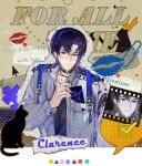  1boy alternate_costume animal_print belt black_choker black_shirt blank_speech_bubble blue_belt blue_eyes blue_hair border breast_pocket brown_background cat cat_print character_name checkmark chinese_commentary choker circle clarence_clayden closed_mouth collage_(medium) collarbone colored_speech_bubble commentary_request copyright_name crew_neck curtained_hair earrings english_text film_strip glasses grey_jacket hair_between_eyes halftone halftone_background highres jacket jewelry letter letterboxed lined_paper lipstick_mark long_sleeves looking_at_viewer lovebrush_chronicles male_focus mole mole_under_eye notice_lines open_clothes open_jacket outline paperclip pendant_choker pocket puzzle_piece shirt short_hair smile solo sparkle speech_bubble square star_(symbol) stud_earrings torn_paper triangle upper_body wax_seal white_border xuedaixun zipper_pull_tab zoom_layer 