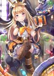  bad_id bad_pixiv_id bangs bell belt blonde_hair blush book bow bowtie brown_legwear buttons cagliostro_(granblue_fantasy) candy cape crossed_legs dust food frilled_skirt frills glowing granblue_fantasy grimoire halloween_costume hand_on_own_cheek hat holding holding_book indoors jingle_bell konka long_hair looking_at_viewer machinery mismatched_legwear nail_polish orange_skirt purple_eyes purple_footwear shirt shoes sitting skirt smile solo striped striped_legwear suspenders sweets thighhighs throne white_shirt window zettai_ryouiki 