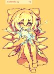  1girl absurdres blush bow cirno commentary cryokinesis dress hair_bow highres ice ice_wings korean_commentary korean_text monochrome one_eye_closed puffy_short_sleeves puffy_sleeves rampa93 shoes short_sleeves simple_background solo touhou translation_request wings yellow_theme 
