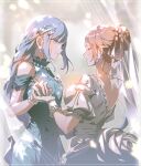  2girls blue_eyes blurry blurry_background blush bracelet braid braided_bun breasts bridal_veil brooch brown_hair closed_eyes clothing_cutout commentary dress earrings flower flower_brooch from_side gloves grey_dress grey_hair hair_between_eyes hair_bun hair_ornament haun highres holding holding_hands jewelry lace-trimmed_dress lace_trim large_breasts long_braid long_hair looking_at_another mochizuki_honami multiple_girls necklace official_alternate_costume official_alternate_hair_length official_alternate_hairstyle parted_lips pearl_bracelet pearl_earrings pearl_hair_ornament pearl_necklace project_sekai puffy_short_sleeves puffy_sleeves rose see-through_clothes see-through_veil short_hair short_sleeves shoulder_cutout sidelocks single_braid small_breasts smile tonari_ni_tatsu_yasashii_anata_e_(project_sekai) untranslatable_commentary upper_body veil wedding_dress white_dress white_gloves yoisaki_kanade yuri 