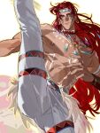  1boy abs absurdres bare_shoulders blue_eyes blue_headband bracer chinese_commentary commentary_request dancing dark-skinned_male dark_skin earrings facepaint feather_necklace fingernails gold_earrings gold_necklace happy headband highres hoop_earrings infinity_nikki jewelry leg_up long_hair long_sidelocks male_focus motion_lines muscular muscular_male necklace nikki_(series) nipples outline pants pectorals red_hair shroomling_(infinity_nikki) si_ciyuan_tiexiu sidelocks solo_focus thick_eyebrows topless_male verdante_(infinity_nikki) very_long_hair white_background white_pants yellow_outline 