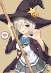  :d artist_name blue_eyes blush commentary cowboy_shot grey_skirt hair_ornament hair_over_one_eye hairclip halloween_costume hamakaze_(kantai_collection) hat heart highres jacket kantai_collection looking_at_viewer moeki_yuuta open_clothes open_jacket open_mouth pleated_skirt pumpkin rod school_uniform serafuku short_hair silver_hair simple_background skirt smile solo spoken_heart standing star witch_hat yellow_background 