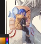  1girl ankle_boots art_program_in_frame black_boots black_pants blue_hair boots brown_eyes closed_eyes closed_mouth coat commentary english_commentary fangs fur-trimmed_boots fur-trimmed_coat fur_trim guantanima_ii_(shadches72) hood hood_down hooded_coat long_hair looking_at_viewer looking_to_the_side monasterio_(shadches72) original pants shadches72 shark sitting yellow_coat 