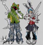  1girl 1other animal_hood armor blue_hair commentary cross crucifix denim flail frog_hood full_body green_hoodie grey_background holding holding_flail holding_sword holding_weapon hood hoodie jacket jeans nass9696 original pants pleated_skirt rabbit_ear_headwear red_eyes red_jacket shaded_face signature skirt spiked_armor spikes standing sword sword_on_back torn_clothes torn_jeans torn_pants untranslatable_commentary visor_(armor) weapon weapon_on_back 