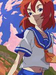  blue_eyes cloud higurashi_no_naku_koro_ni kon_(kdash) lowres navel orange_hair ryuuguu_rena school_uniform serafuku short_hair skirt sky smile solo 