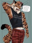2025 3:4 anthro arm_tuft armpit_tuft black_clothing black_shirt black_stripes black_tank_top black_topwear black_underwear blue_background bodily_fluids bottomwear brown_body brown_fur clothing crotch_tuft dialogue digital_drawing_(artwork) digital_media_(artwork) ear_piercing elbow_tuft english_text eyebrow_piercing facial_piercing felid fur hand_behind_head head_tuft hi_res inner_ear_fluff l4ng looking_at_viewer male mammal markings muscular muscular_anthro muscular_male neck_tuft one_eye_closed open_mouth orange_body orange_eyes orange_fur pantherine pants pattern_bottomwear pattern_clothing pattern_pants piercing plaid plaid_bottomwear plaid_clothing plaid_pants portrait profanity red_bottomwear red_clothing red_pants sharp_teeth shirt simple_background solo speech_bubble standing stretching striped_body striped_fur striped_markings striped_tail stripes tail tail_markings talking_to_viewer tank_top teardrop tears teeth text text_on_clothing text_on_shirt text_on_tank_top text_on_topwear three-quarter_portrait tiger topwear tuft underwear white_body white_fur