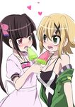  akatsuki_kirika bare_shoulders between_breasts breasts cleavage feeding food green_eyes hair_ribbon heart kouji_(kari) medium_breasts multiple_girls popsicle purple_eyes ribbon senki_zesshou_symphogear simple_background small_breasts tsukuyomi_shirabe twintails watermelon_bar white_background yuri 