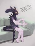 2025 7b7a2f absurd_res alien alien_(franchise) anthro armwear balls biped clothed clothed_anthro clothed_male clothing dialogue digital_media_(artwork) elbow_gloves english_text footwear furniture genitals gloves handwear hi_res holding_clothing holding_object holding_panties holding_underwear humanoid_genitalia humanoid_penis legwear male male_anthro mostly_nude mostly_nude_anthro mostly_nude_male narrowed_eyes on_sofa panties penis signature simple_background sitting sitting_on_sofa socks sofa solo spikes spikes_(anatomy) tail talking_to_viewer text thigh_highs thigh_socks three-quarter_view underwear xenomorph