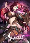  blade breasts gloves green_eyes katarina_du_couteau knife large_breasts league_of_legends long_hair midriff negister red_hair sideboob smile solo throwing_knife very_long_hair weapon 