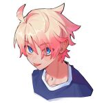  1boy :p blue_eyes blue_shirt blush collarbone commentary crew_neck cropped_shoulders highres looking_at_viewer male_focus nanacho09 pink_hair pokemon pokemon_legends:_z-a shirt simple_background solo tongue tongue_out urbain_(pokemon) white_background 