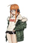  1girl bare_shoulders black_shorts blunt_bangs breasts closed_mouth coat commentary_request feet_out_of_frame fur-trimmed_coat fur_trim glasses green_coat h4sh1rnoto headphones highres long_hair official_alternate_costume open_clothes open_coat orange_hair persona persona_5 sakura_futaba shiny_clothes shirt shorts sidelocks small_breasts smile solo thighs white_background white_shirt 