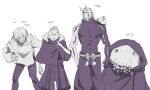  1other 3boys absurdres coat covered_pectorals cursed_spirit_(jujutsu_kaisen) cyclops dagon_(jujutsu_kaisen) feet_out_of_frame fur-trimmed_coat fur_trim gakuran hanami_(jujutsu_kaisen) highres jogo_(jujutsu_kaisen) jujutsu_kaisen long_hair low-tied_long_hair mahii_mahii mahito_(jujutsu_kaisen) monochrome multiple_boys muscular octopus one-eyed parted_lips pectorals school_uniform simple_background stitched_arm stitched_face stitches tongue tongue_out white_background 