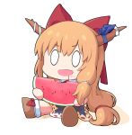  0_0 1girl blue_skirt bow brown_shoes chibi chibi_only chinese_commentary commentary_request eating food fruit full_body haihara_yuuya highres holding holding_food horns ibuki_suika open_mouth orange_hair red_bow shoes signature sitting skirt smile solo touhou watermelon 